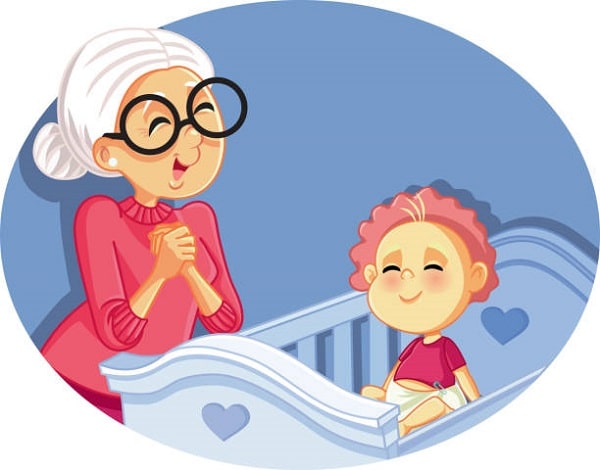 Přání k narození vnučky s kreslenou smějící se babičkou stojící nad postýlkou s usmívajícím se miminkem.