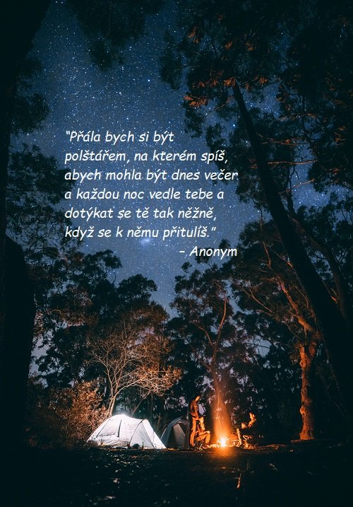 Skupina lidí u táboráku se stanem pod hvězdnou oblohou v lese s citátem na dobrou noc. 