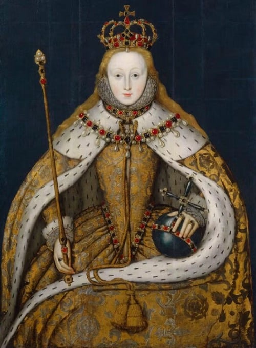 Malba Alžběty I. s korunou, žezlem a královským jablkem