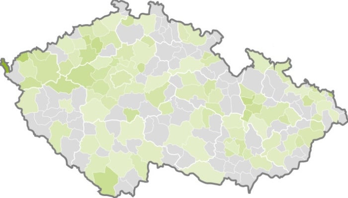 Mapa ČR s okresy podle četnosti výskytu jména Mlavína.