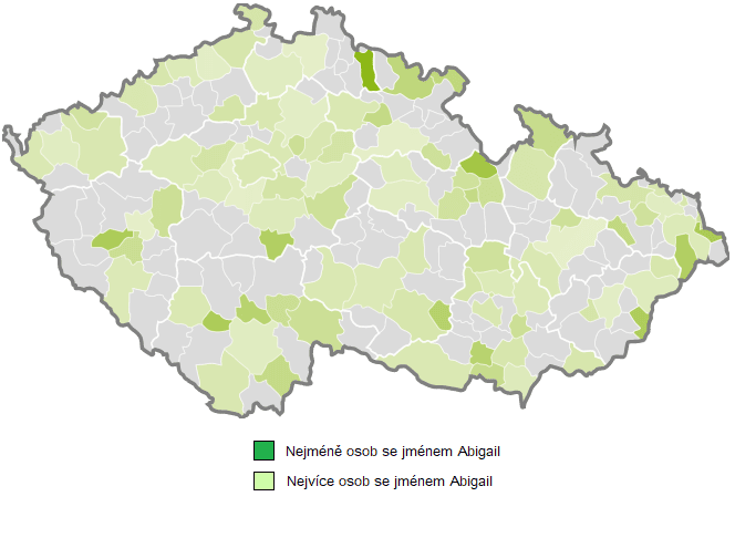 Mapka České republiky se znázorněnou četností jména Abigail v různých částech země.