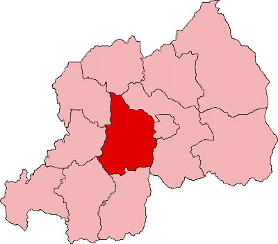 Mapa Rwandy se zvýrazněnou bývalou provincií Gitarama. 