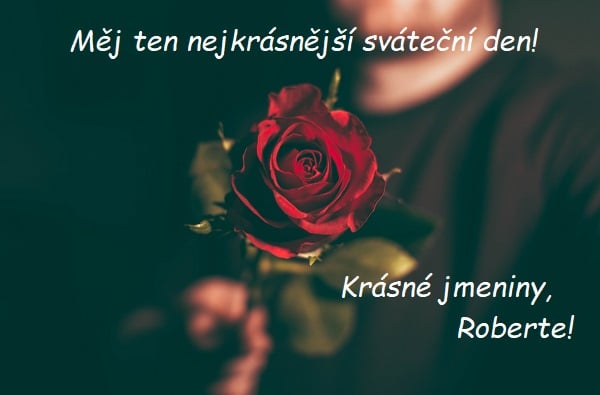 Muž, držící rudou růži s nápisem Krásné jmeniny, Roberte!