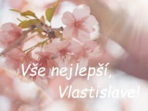 Nápis "Vše nejlepší, Vlastislave!" na pozadí rozkvetlé větvičky stromu.