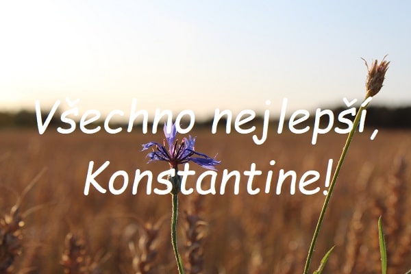 Nápis "Všechno nejlepší, Konstantine!" na pozadí pole s květinami a úrodou.