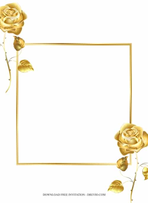 Prázdná svatební pozvánka se zlatým rámem a dvěma zlatými růžemi v rozích.