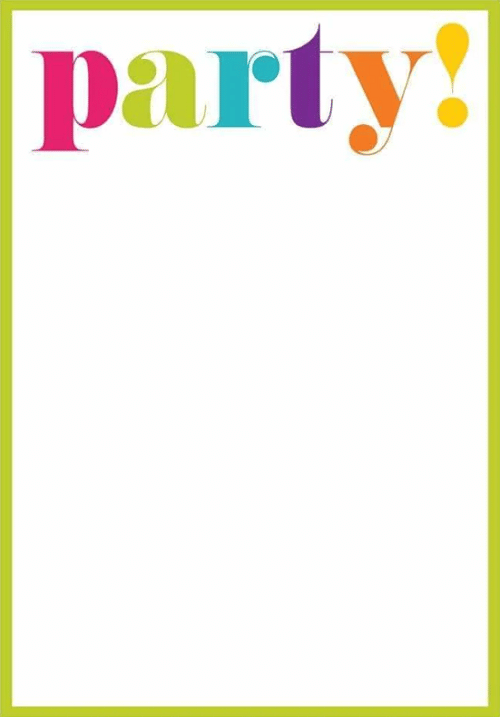 Nevyplněná pozvánka na party s barevným nápisem "Party!", orámovaná neonově zeleným proužkem.