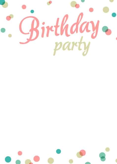 Nevyplněná barevná pozvánka na dětskou party s nápisem "Birthday party". 