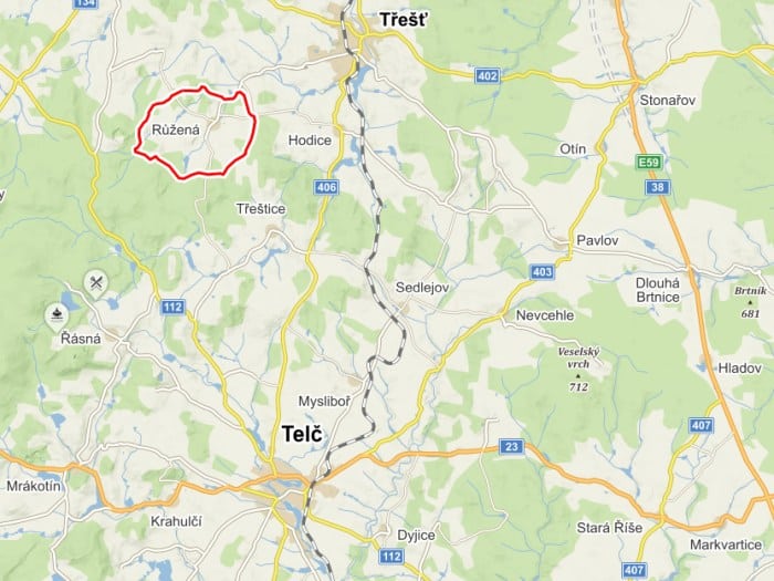 Mapa s obcí  Růžená.