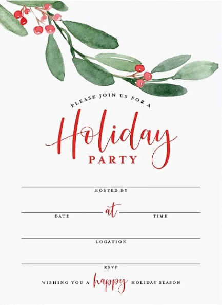 Nevyplněné vánoční pozvání na večírek na bílé kartičce s nápisem "Please join us for a holiday party". 