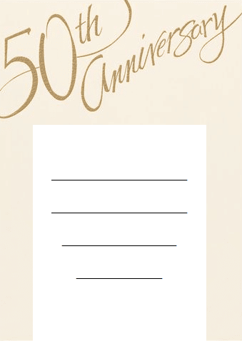 Kartička s prázdnými řádky pro pozvání na zlatou svatbu s nápisem "50th anniversary". 