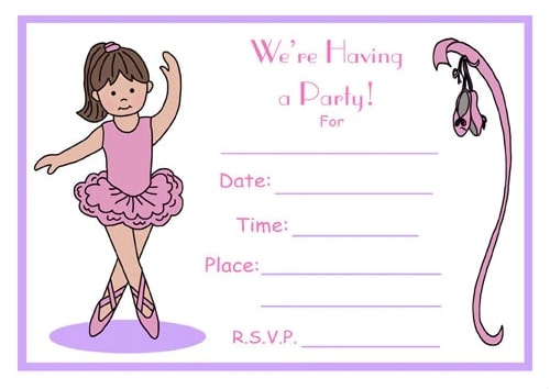Pozvánka na holčičí party s kreslenou baletkou v růžových šatičkách a nevyplněnými řádky pro vlastní text.
