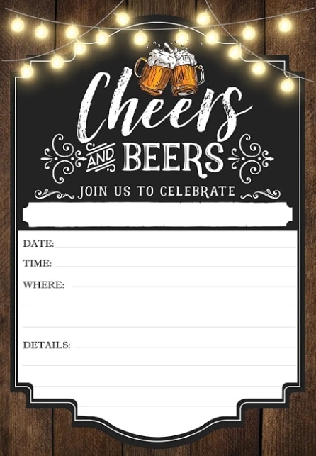 Nevyplněná pozvánka s řádky pro vlastní text, zdobená pivy, s anglickým nápisem "Cheers and beers - join us tu celebrate". 