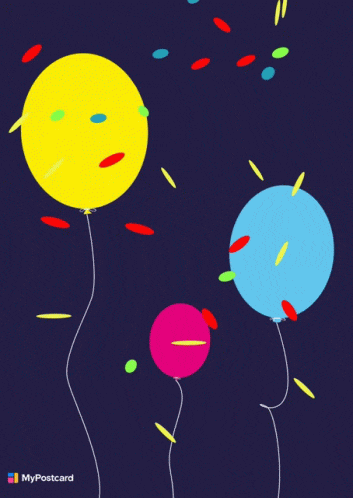 GIF blahopřání k jmeninám s balónky a konfety.