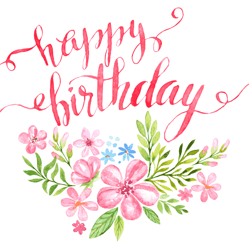 Kreslené narozeninové přání kamarádce s květinami a nápisem "Happy birthday".