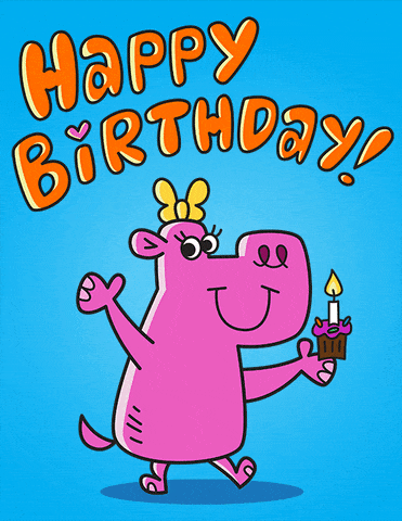 GIF přání k narozeninám růžový hroch s dortíkem. 