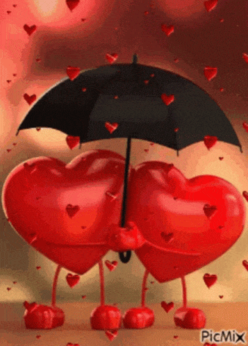 GIF přání k svátku se srdci a deštníkem.