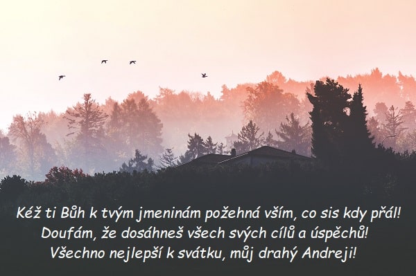 Přání k svátku Andrejovi na pozadí siluety domku u lesa s letícími ptáky na obloze.