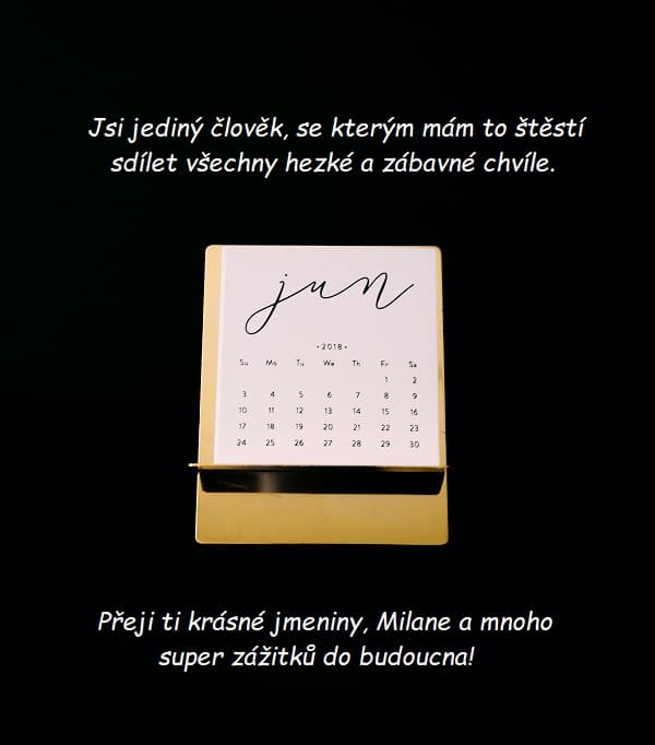 Přání ke jmeninám Milanovi na černém pozadí s kresleným obrázkem kalendáře s nápisem "jun".