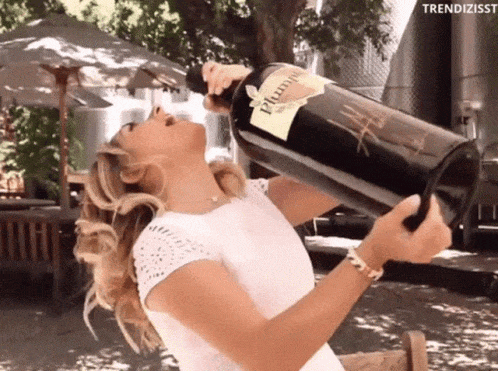 GIF přání k jmeninám holka s velkou lahví vína. 