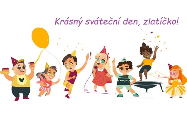 Kreslené přání k svátku pro děti s kreslenými tancujícími a zpívajícími dětmi na oslavě.