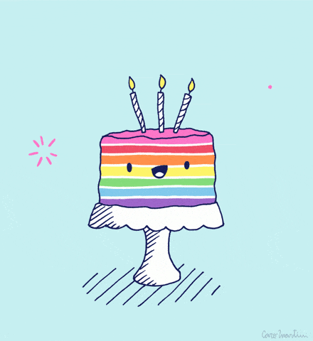 GIF přání k jmeninám s barevným usmívajícím se dortem.
