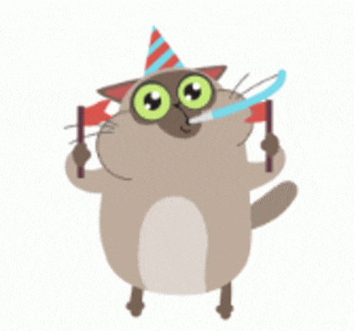 GIF přání k jmeninám party kočka. 
