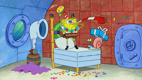 GIF přáníčko k svátku s oslavujícím Spongebobem.