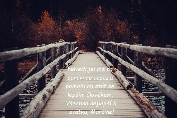 Přání ke jmeninám Martinovi na pozadí dřevěného mostu, vedoucího do podzimního listnatého lesa.