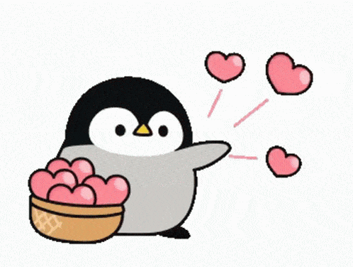 GIF přání k svátku s kresleným tučňákem rozhazující srdce.