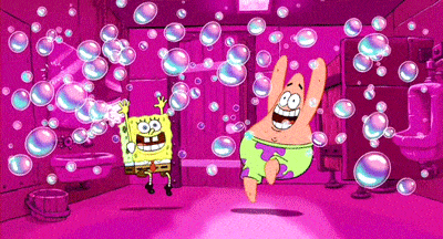 GIF přání k jmeninám s se Spongebobem a bublinkami.