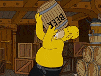 GIF přání k svátku Homer Simpson se sudem piva. 