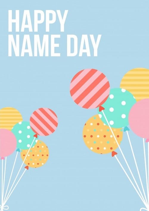 Kreslené přání k svátku s barevnými balónky a nápisem Happy name day.