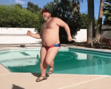 GIF přání k svátku tančící borec u bazénu. 