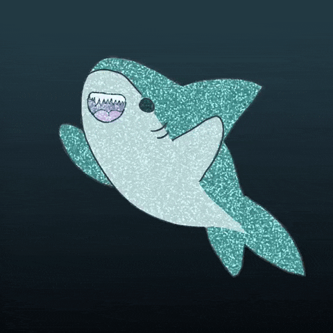 GIF přání k svátku se žralokem posílající srdce.