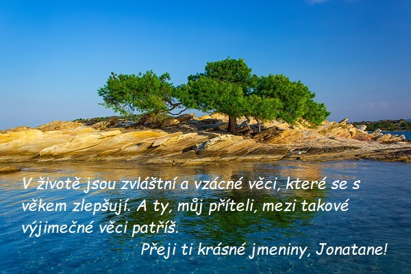 Skalnatý ostrov s jedním stromem obklopený vodou s přáním krásných jmenin Jonatanovi. 