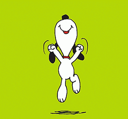 GIF přání k jmeninám s veselým pejskem Snoopy.