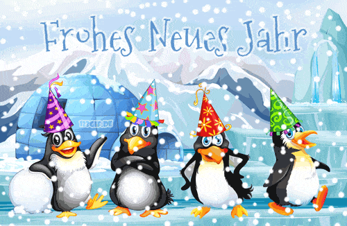 Pohyblivé novoroční blahopřání s tučňáky.