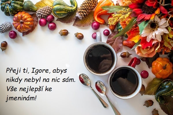 Sváteční přáníčko Igorovi na pozadí dvou šálků s kávou obklopených podzimní výzdobou.