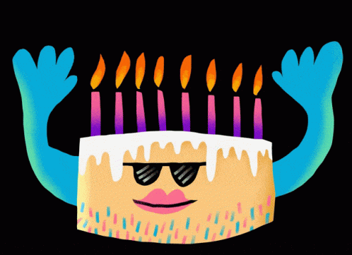 GIF přáníčko k svátku s kresleným dortem.