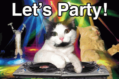GIF přání k jmeninám s kočkami na party.