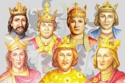Kreslené portréty králů z dynastie Přemyslovců.