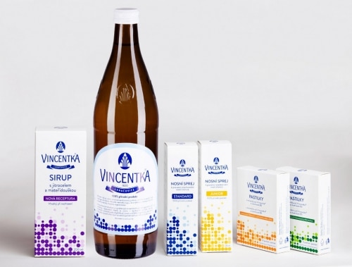Fotografie minerální vody a dalších produktů značky Vincentka.