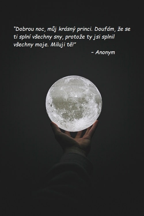 Ruka držící miniaturu Měsíce se zamilovaným citátem pro dobrou noc.
