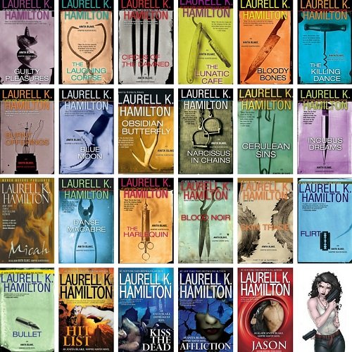 Přebaly knih knižní série "Anita Blake, Lovec upírů" od autorky Laurell K. Hamilton.