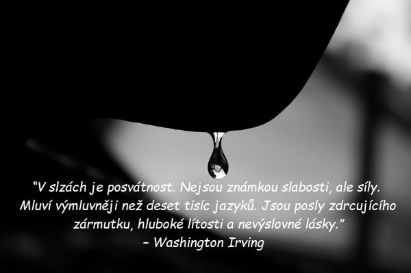 Černobílá fotografie se siluetou obličeje se stékající slzou a se vzpomínkovým citátem Washingtona Irvinga.