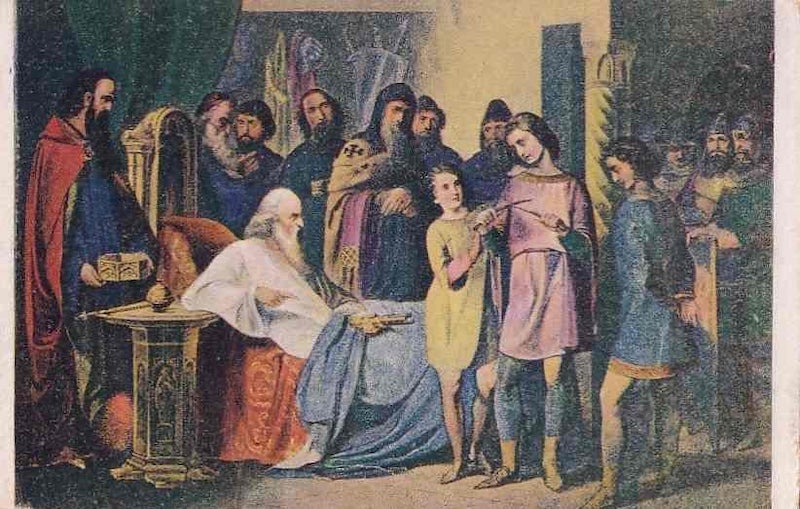 Obrázek znázorňující velkoknížete Svatopluka a jeho tři syny s proutky.
