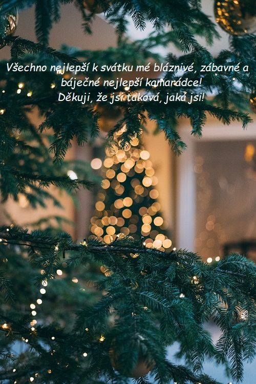 Přání k svátku Danutě na pozadí ozdobeného svítícího vánočního stromečku.