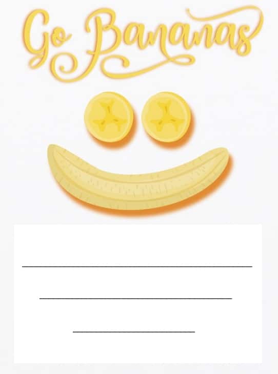 Pozvání na oslavu dětských narozenin s obličejem vytvořeným z banánů, nápisem "Go Bananas" a řádky pro vyplnění údajů o party. 
