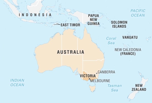 Victoria na mapě jako region Autrálie.